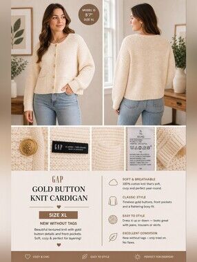 GAP Women's Chunky Textured Cream Gold-Button Knit Cardigan XL New